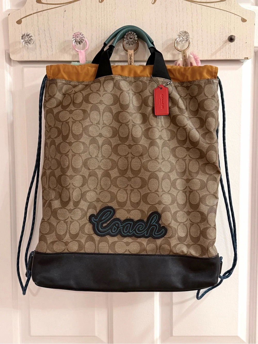 Coach Signature Logo Drawstring Backpack in Brown and Black